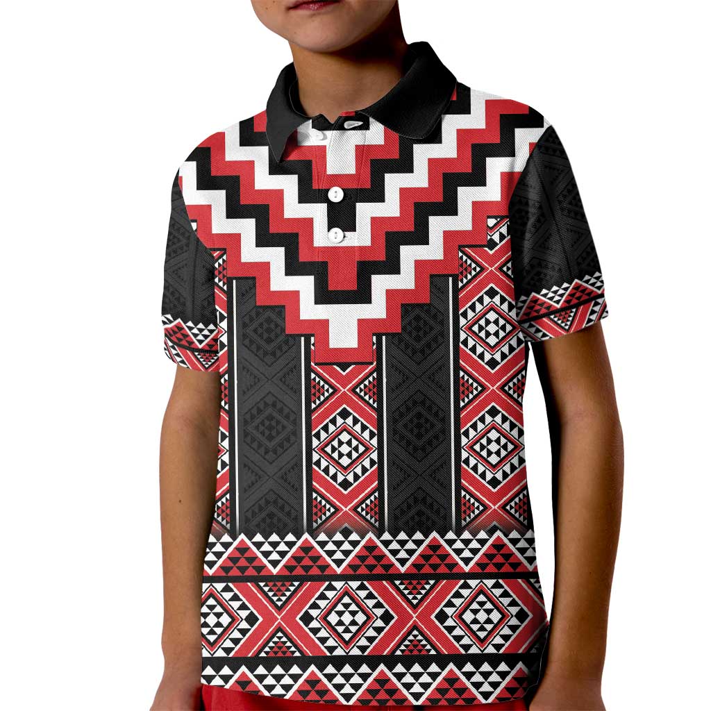Red Taniko Aotearoa Kid Polo Shirt Niho Taniwha Mix Poutama LT14 Kid Red - Polynesian Pride