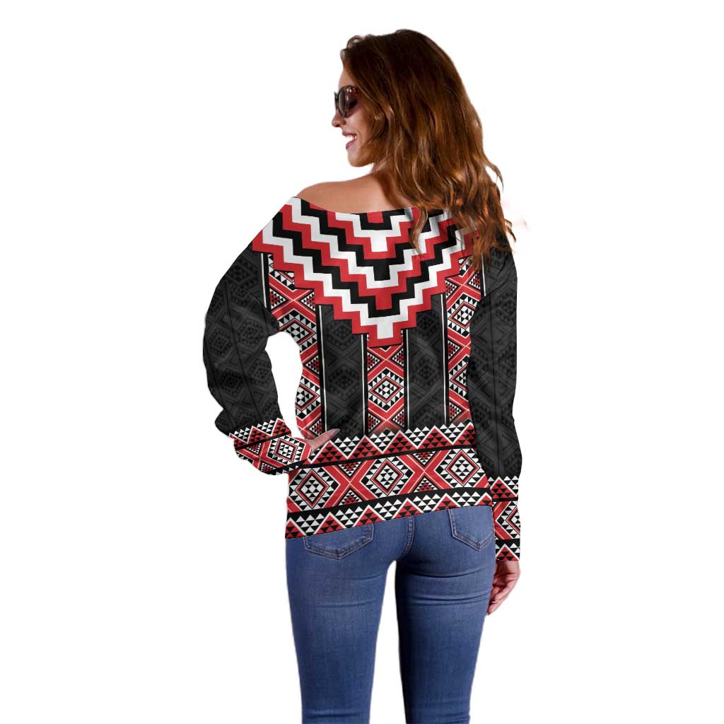 Red Taniko Aotearoa Off Shoulder Sweater Niho Taniwha Mix Poutama LT14
