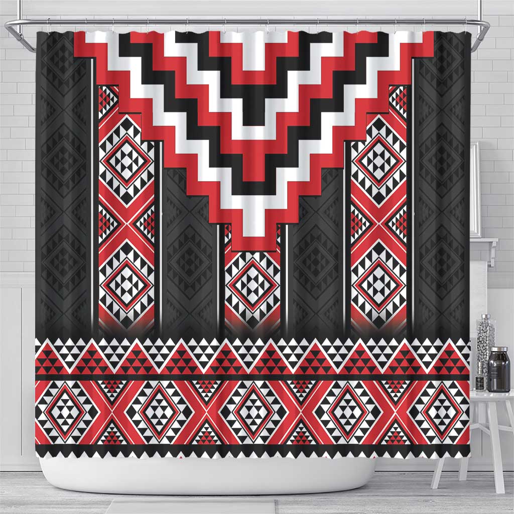 Red Taniko Aotearoa Shower Curtain Niho Taniwha Mix Poutama LT14 - Polynesian Pride