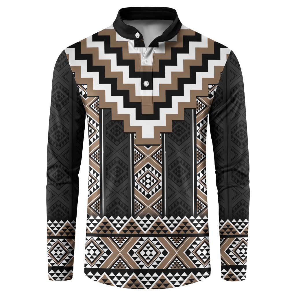 Brown Taniko Aotearoa Button Sweatshirt Niho Taniwha Mix Poutama LT14 Brown - Polynesian Pride