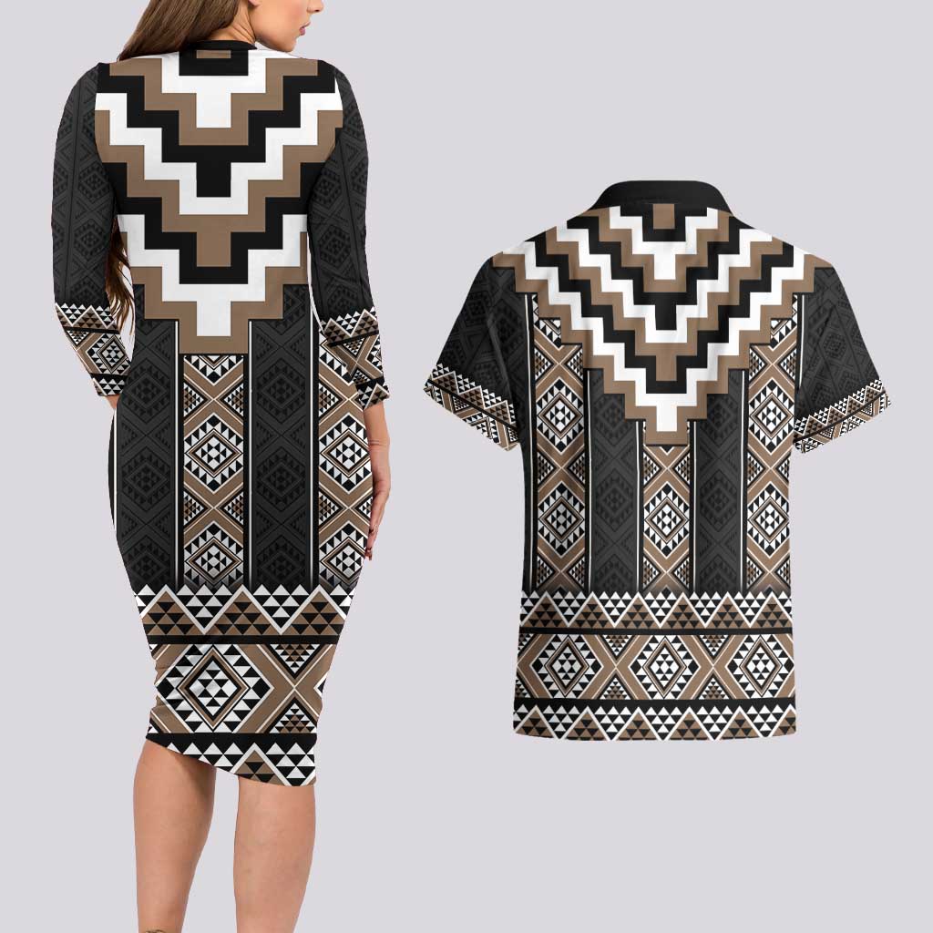 Brown Taniko Aotearoa Couples Matching Long Sleeve Bodycon Dress and Hawaiian Shirt Niho Taniwha Mix Poutama LT14 - Polynesian Pride