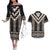 Brown Taniko Aotearoa Couples Matching Off The Shoulder Long Sleeve Dress and Hawaiian Shirt Niho Taniwha Mix Poutama LT14