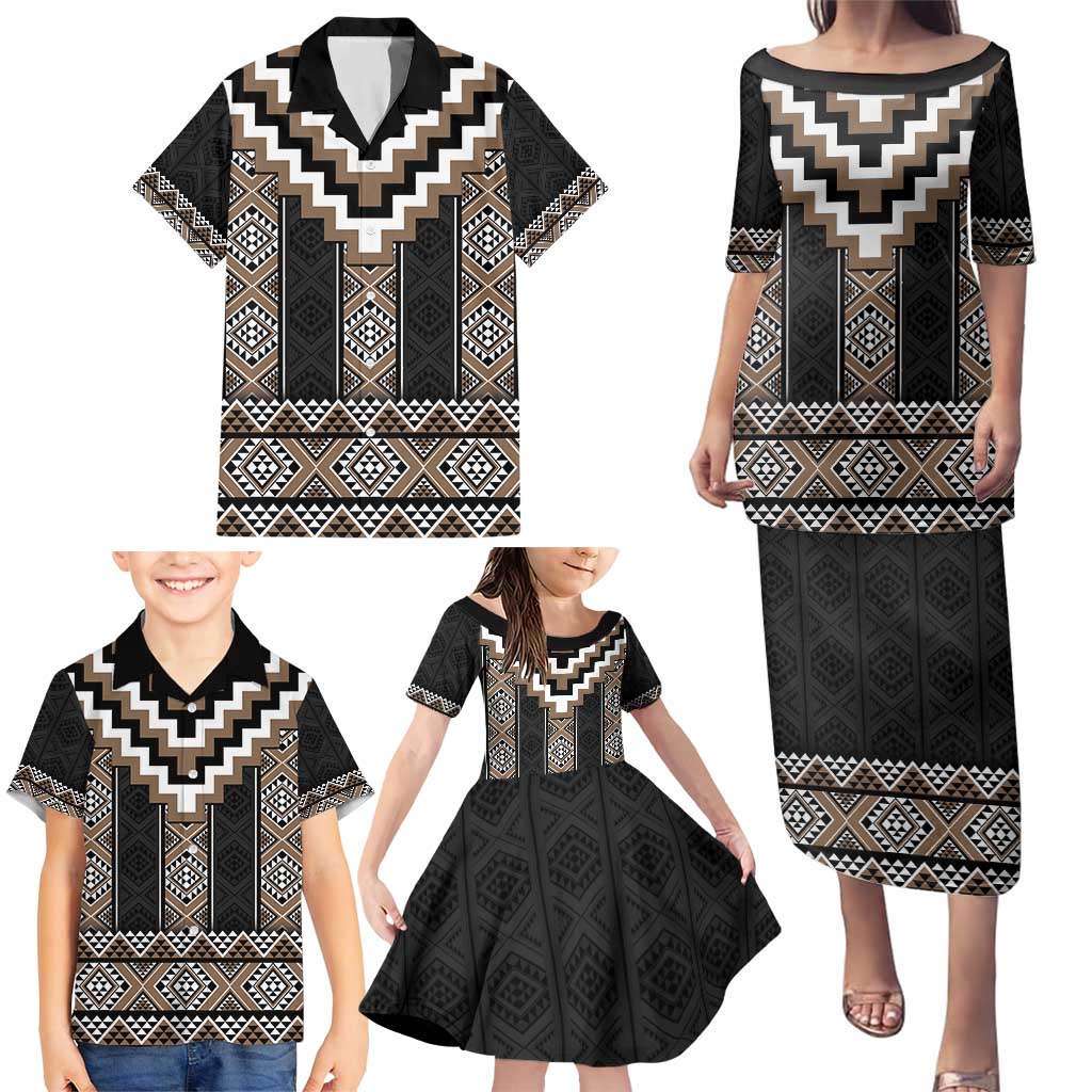 Brown Taniko Aotearoa Family Matching Puletasi and Hawaiian Shirt Niho Taniwha Mix Poutama LT14 - Polynesian Pride