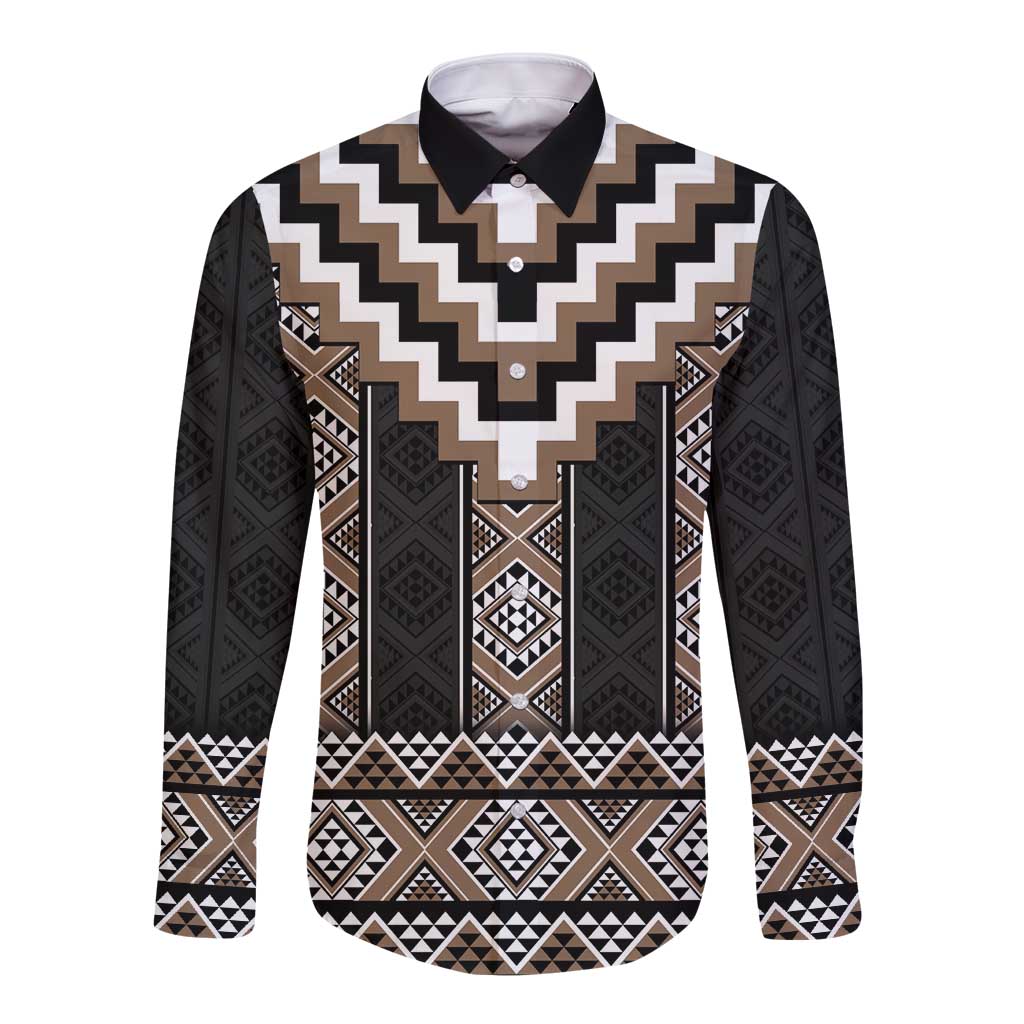 Brown Taniko Aotearoa Long Sleeve Button Shirt Niho Taniwha Mix Poutama LT14 Unisex Brown - Polynesian Pride