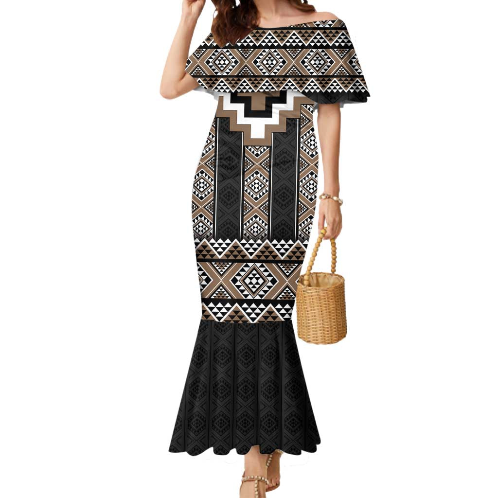 Brown Taniko Aotearoa Mermaid Dress Niho Taniwha Mix Poutama LT14 Women Brown - Polynesian Pride