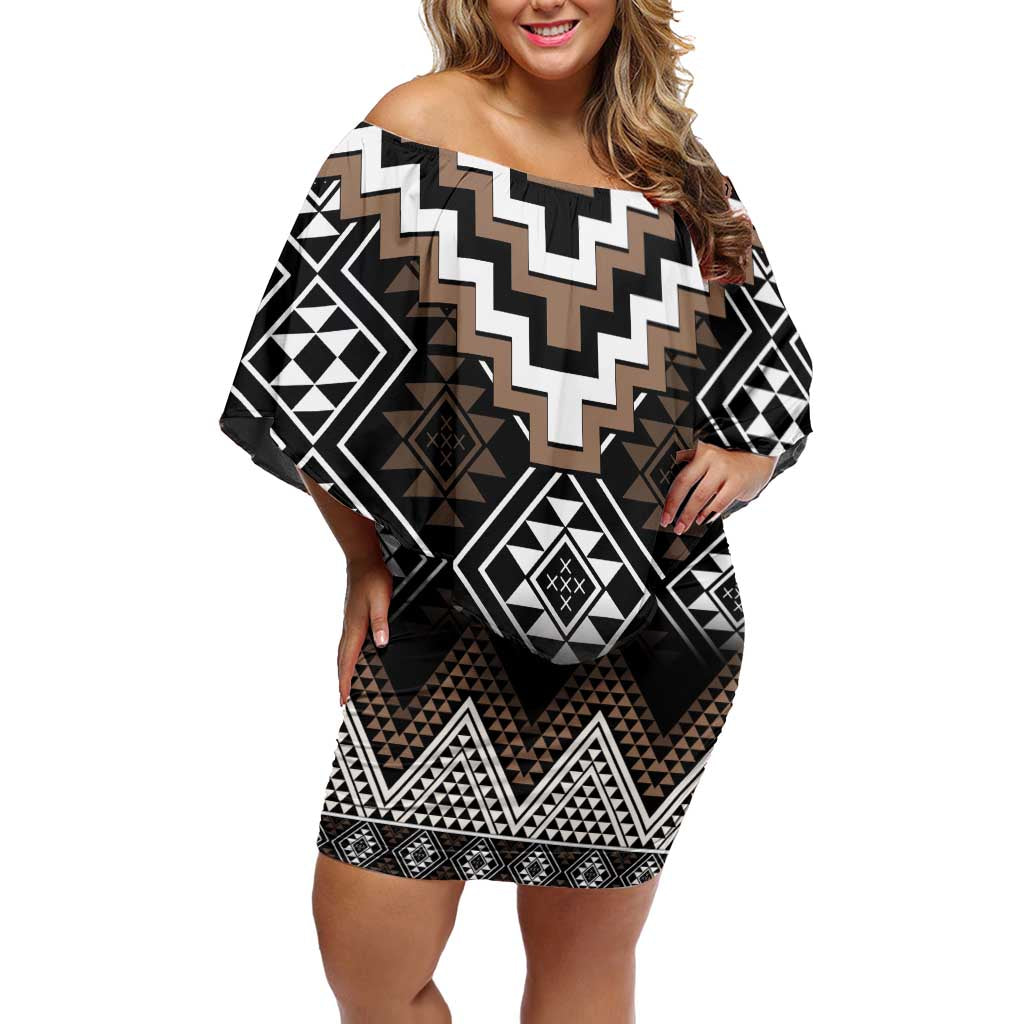 Brown Taniko Aotearoa Off Shoulder Short Dress Niho Taniwha Mix Poutama