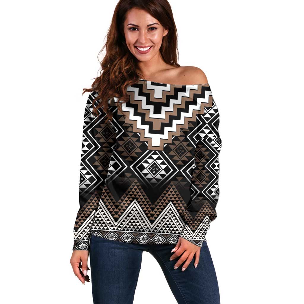 Brown Taniko Aotearoa Off Shoulder Sweater Niho Taniwha Mix Poutama