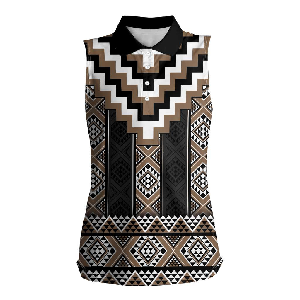 Brown Taniko Aotearoa Women Sleeveless Polo Shirt Niho Taniwha Mix Poutama LT14 Female Brown - Polynesian Pride