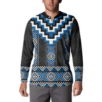 Blue Taniko Aotearoa Button Sweatshirt Niho Taniwha Mix Poutama LT14