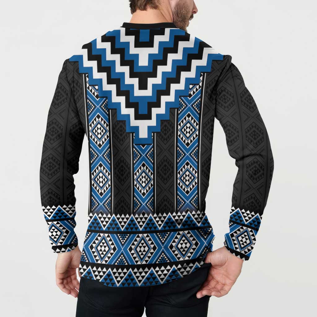 Blue Taniko Aotearoa Button Sweatshirt Niho Taniwha Mix Poutama LT14