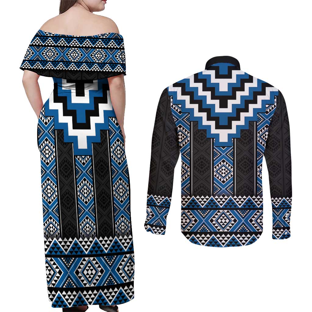 Blue Taniko Aotearoa Couples Matching Off Shoulder Maxi Dress and Long Sleeve Button Shirt Niho Taniwha Mix Poutama LT14