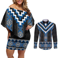 Blue Taniko Aotearoa Couples Matching Off Shoulder Short Dress and Long Sleeve Button Shirt Niho Taniwha Mix Poutama LT14