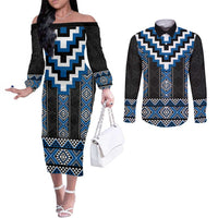 Blue Taniko Aotearoa Couples Matching Off The Shoulder Long Sleeve Dress and Long Sleeve Button Shirt Niho Taniwha Mix Poutama LT14