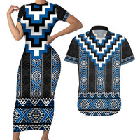 Blue Taniko Aotearoa Couples Matching Short Sleeve Bodycon Dress and Hawaiian Shirt Niho Taniwha Mix Poutama LT14