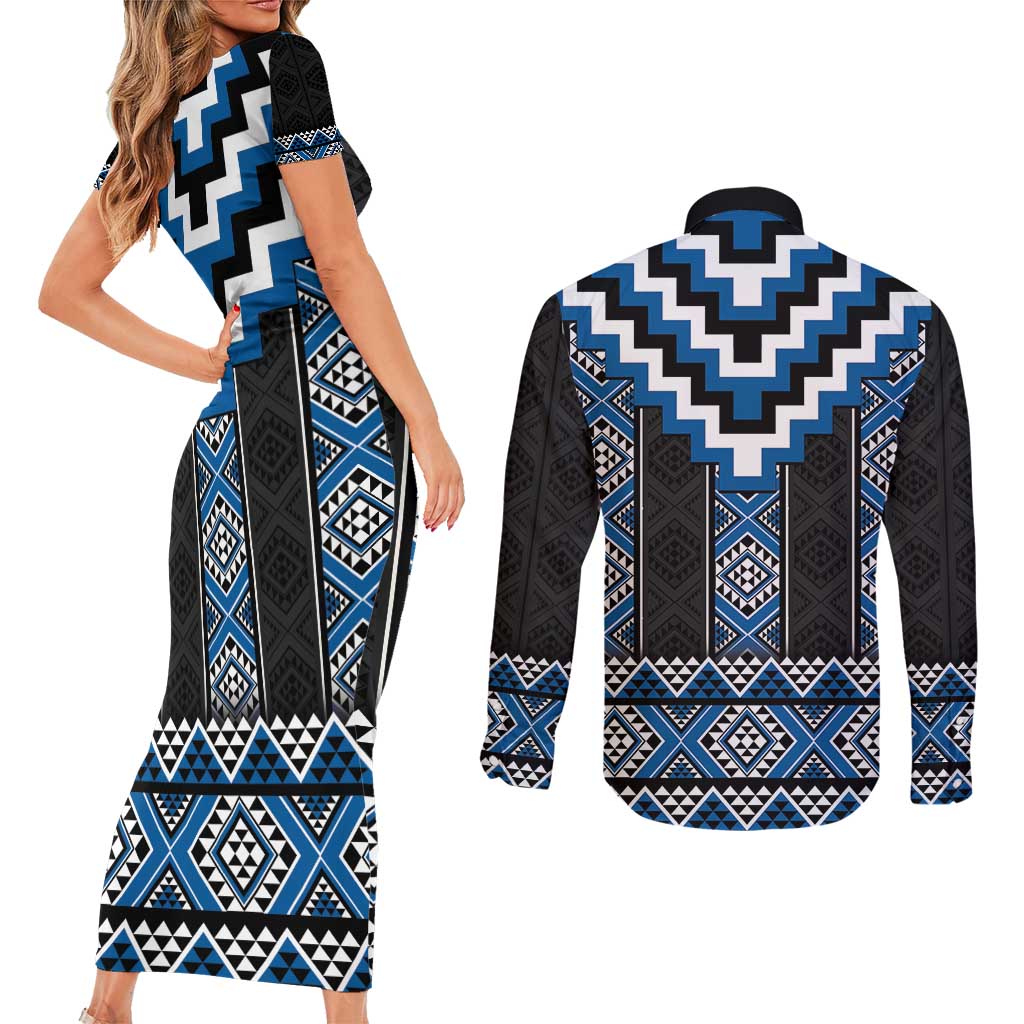 Blue Taniko Aotearoa Couples Matching Short Sleeve Bodycon Dress and Long Sleeve Button Shirt Niho Taniwha Mix Poutama LT14
