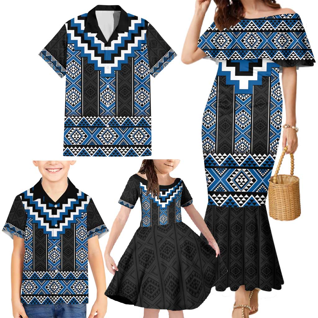 Blue Taniko Aotearoa Family Matching Mermaid Dress and Hawaiian Shirt Niho Taniwha Mix Poutama LT14 - Polynesian Pride