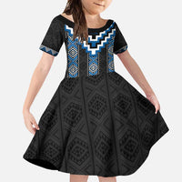 Blue Taniko Aotearoa Family Matching Off Shoulder Maxi Dress and Hawaiian Shirt Niho Taniwha Mix Poutama LT14 Daughter's Dress Blue - Polynesian Pride