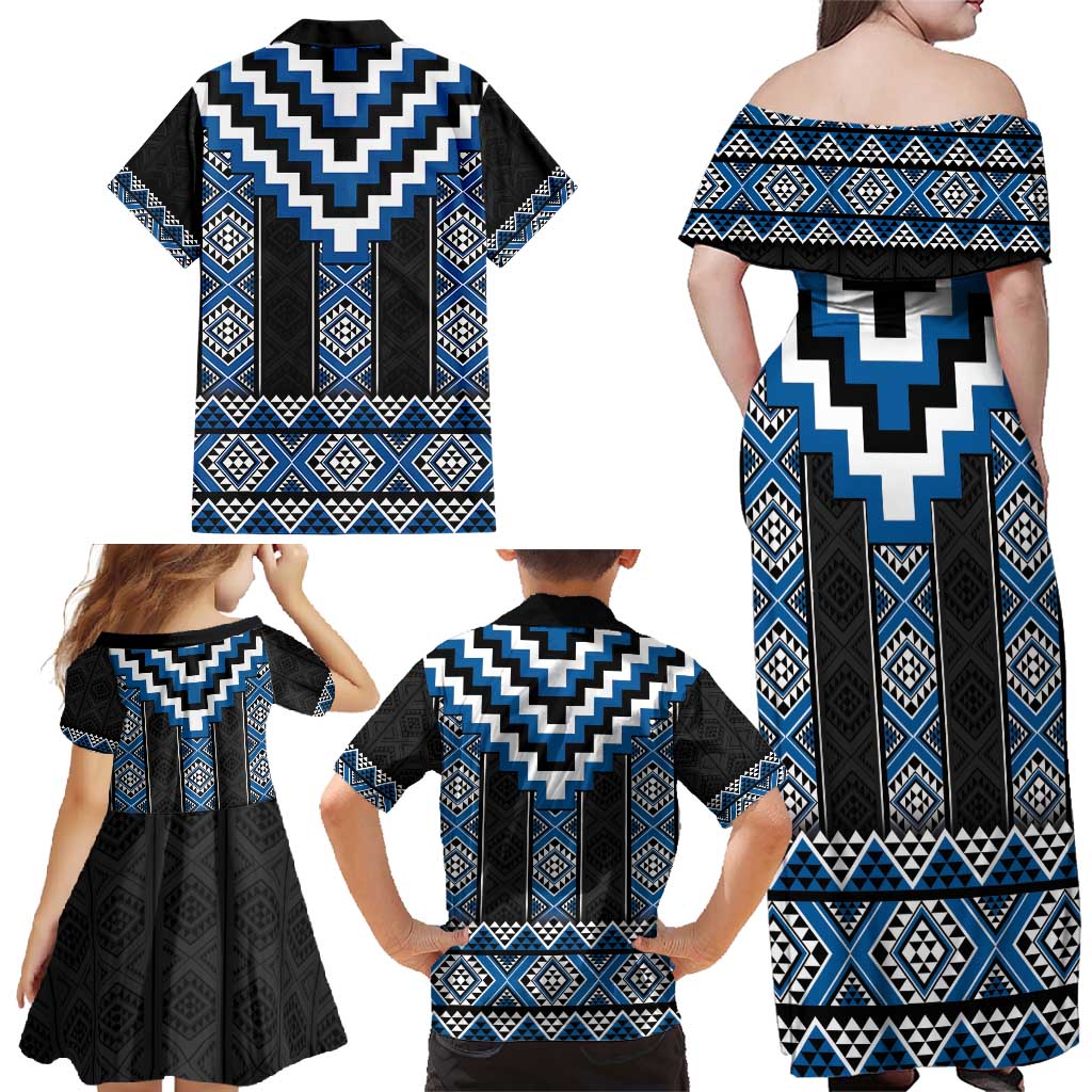 Blue Taniko Aotearoa Family Matching Off Shoulder Maxi Dress and Hawaiian Shirt Niho Taniwha Mix Poutama LT14 - Polynesian Pride