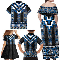 Blue Taniko Aotearoa Family Matching Off Shoulder Maxi Dress and Hawaiian Shirt Niho Taniwha Mix Poutama LT14 - Polynesian Pride
