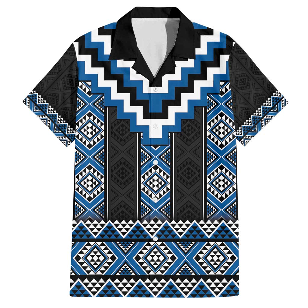 Blue Taniko Aotearoa Family Matching Off Shoulder Maxi Dress and Hawaiian Shirt Niho Taniwha Mix Poutama LT14 Dad's Shirt - Short Sleeve Blue - Polynesian Pride