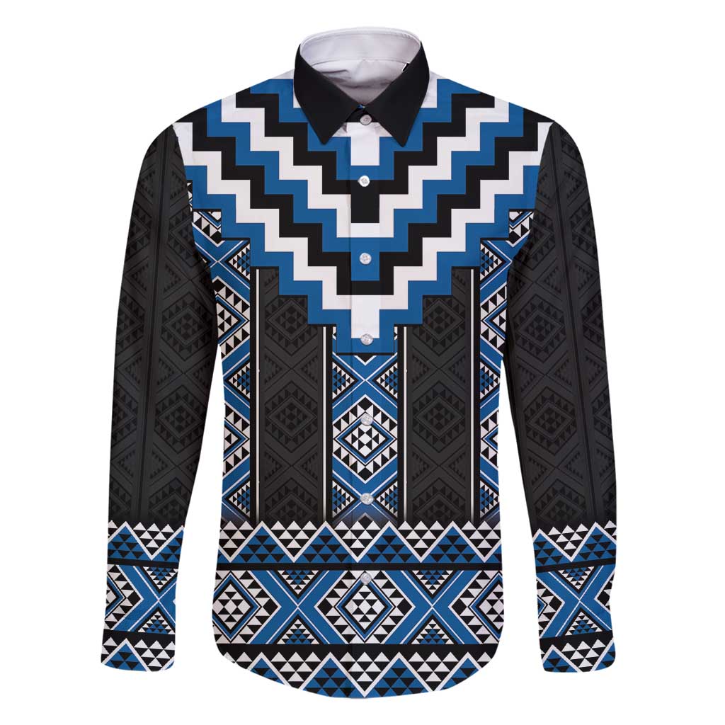 Blue Taniko Aotearoa Family Matching Off Shoulder Maxi Dress and Hawaiian Shirt Niho Taniwha Mix Poutama LT14 Dad's Shirt - Long Sleeve Blue - Polynesian Pride