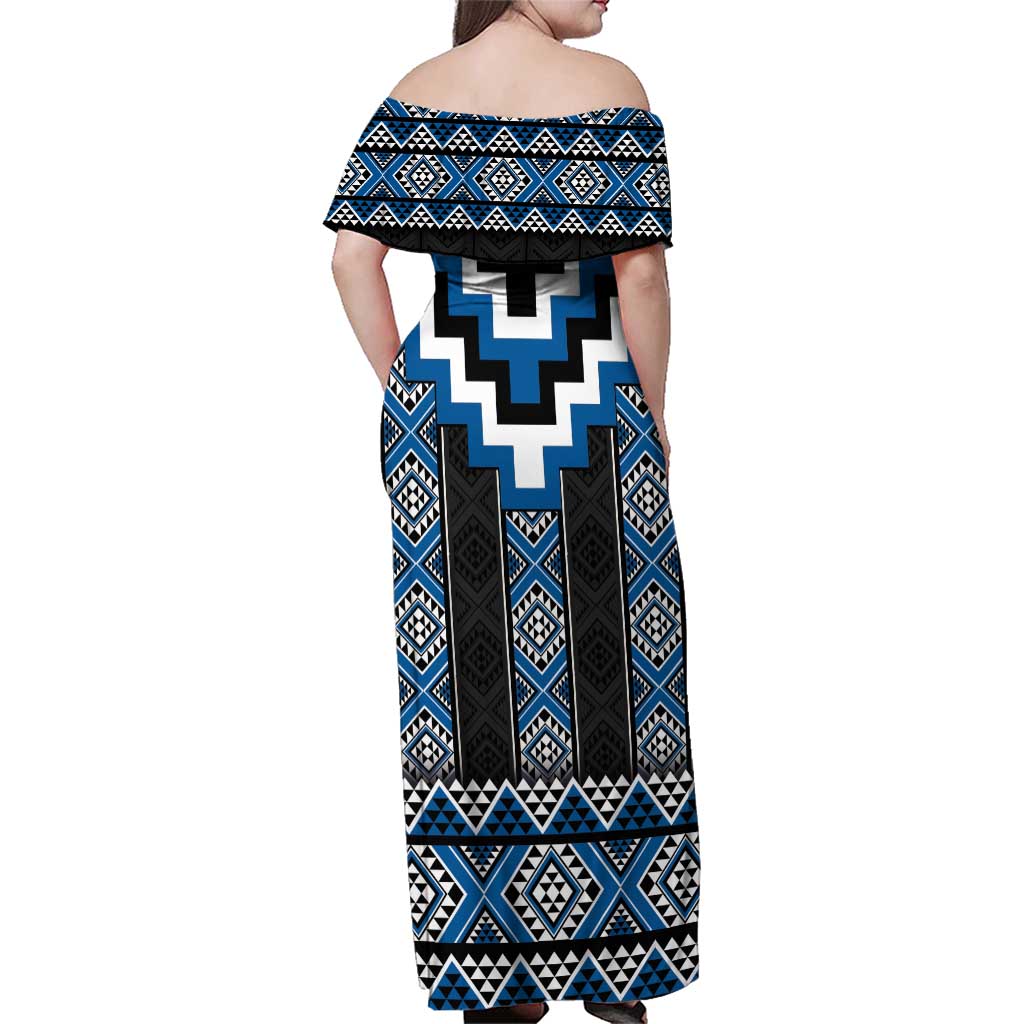 Blue Taniko Aotearoa Family Matching Off Shoulder Maxi Dress and Hawaiian Shirt Niho Taniwha Mix Poutama LT14 - Polynesian Pride