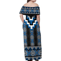 Blue Taniko Aotearoa Family Matching Off Shoulder Maxi Dress and Hawaiian Shirt Niho Taniwha Mix Poutama LT14 - Polynesian Pride
