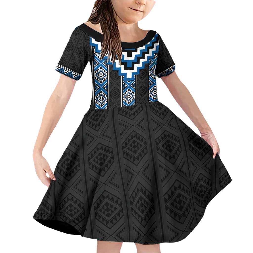 Blue Taniko Aotearoa Family Matching Off Shoulder Short Dress and Hawaiian Shirt Niho Taniwha Mix Poutama LT14 Daughter's Dress Blue - Polynesian Pride