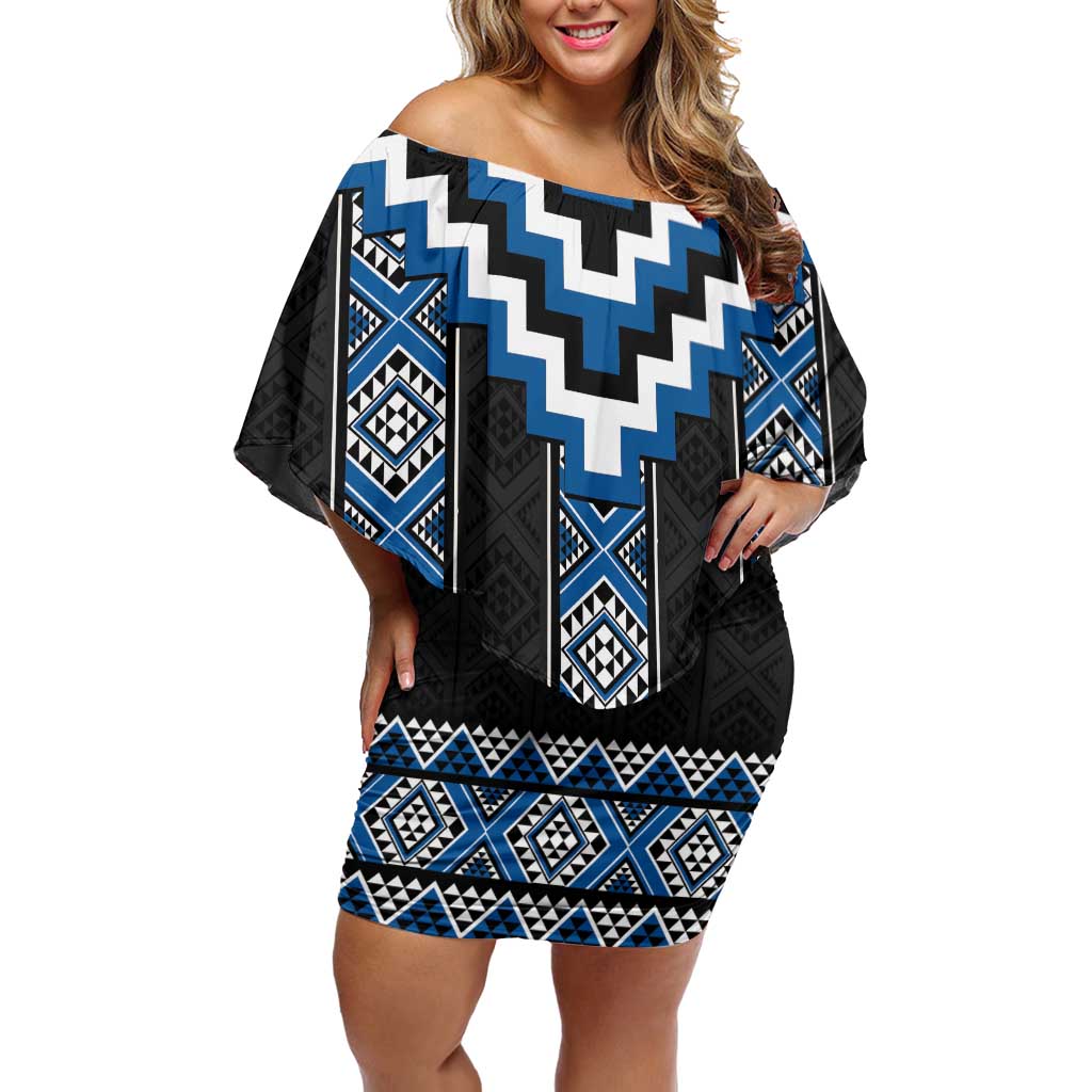 Blue Taniko Aotearoa Family Matching Off Shoulder Short Dress and Hawaiian Shirt Niho Taniwha Mix Poutama LT14 Mom's Dress Blue - Polynesian Pride