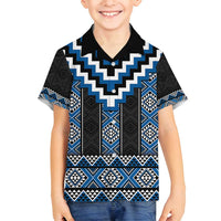 Blue Taniko Aotearoa Family Matching Off Shoulder Short Dress and Hawaiian Shirt Niho Taniwha Mix Poutama LT14 Son's Shirt Blue - Polynesian Pride