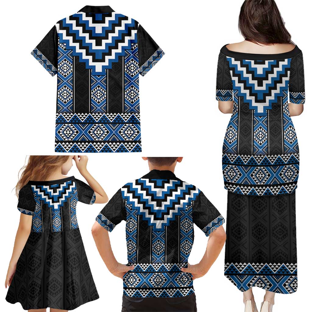 Blue Taniko Aotearoa Family Matching Puletasi and Hawaiian Shirt Niho Taniwha Mix Poutama LT14 - Polynesian Pride