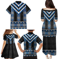 Blue Taniko Aotearoa Family Matching Puletasi and Hawaiian Shirt Niho Taniwha Mix Poutama LT14 - Polynesian Pride