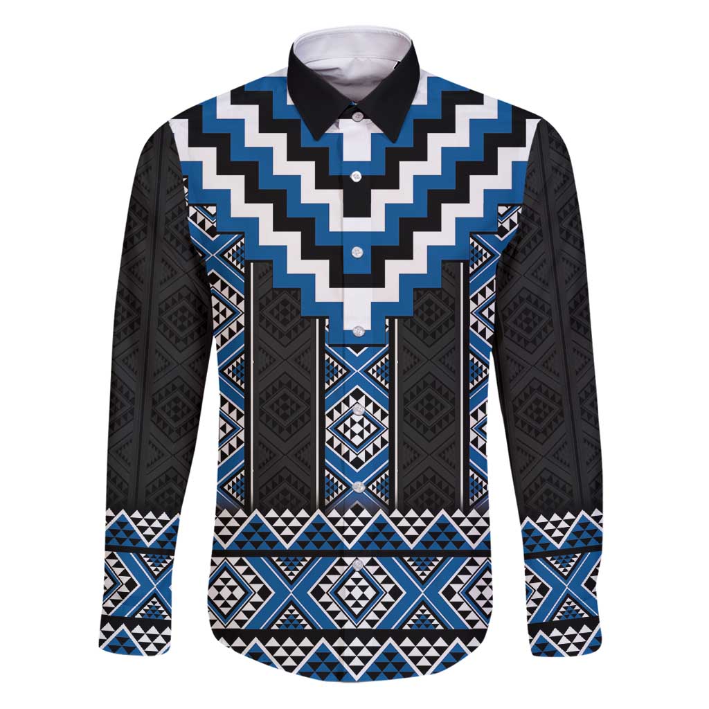 Blue Taniko Aotearoa Family Matching Puletasi and Hawaiian Shirt Niho Taniwha Mix Poutama LT14 Dad's Shirt - Long Sleeve Blue - Polynesian Pride