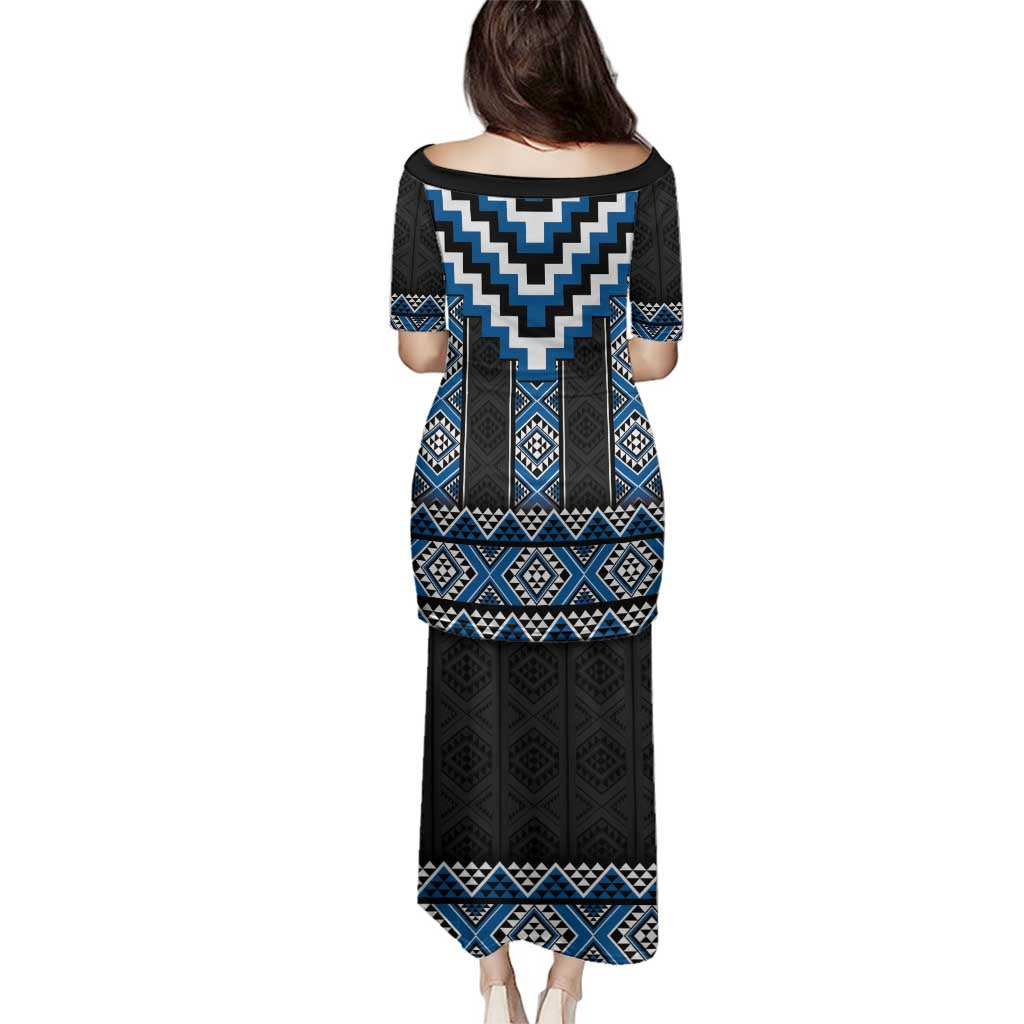 Blue Taniko Aotearoa Family Matching Puletasi and Hawaiian Shirt Niho Taniwha Mix Poutama LT14 - Polynesian Pride