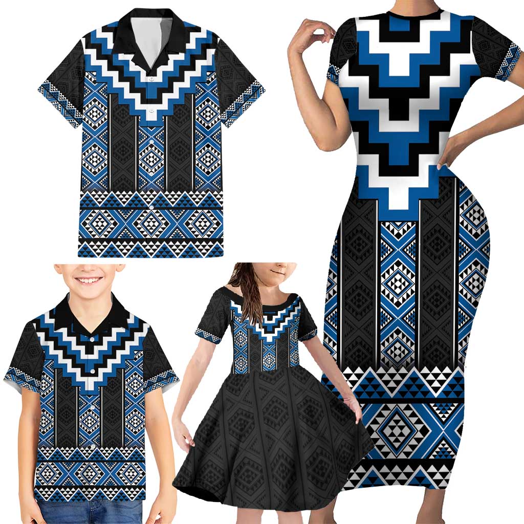 Blue Taniko Aotearoa Family Matching Short Sleeve Bodycon Dress and Hawaiian Shirt Niho Taniwha Mix Poutama LT14 - Polynesian Pride