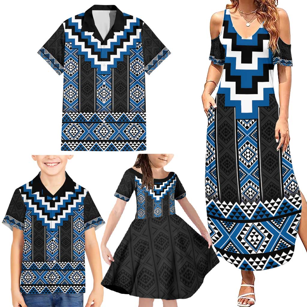 Blue Taniko Aotearoa Family Matching Summer Maxi Dress and Hawaiian Shirt Niho Taniwha Mix Poutama LT14 - Polynesian Pride