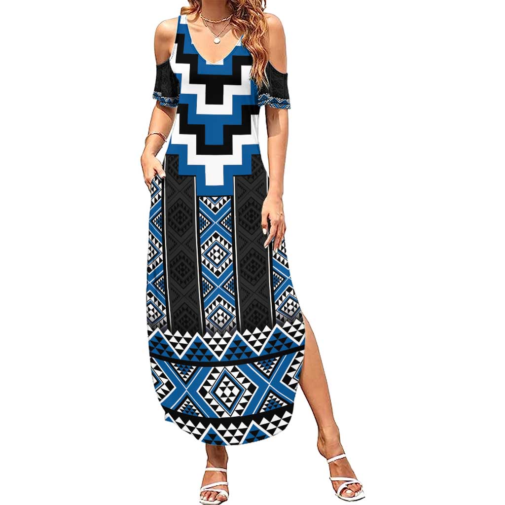 Blue Taniko Aotearoa Family Matching Summer Maxi Dress and Hawaiian Shirt Niho Taniwha Mix Poutama LT14 Mom's Dress Blue - Polynesian Pride