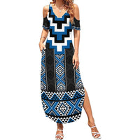 Blue Taniko Aotearoa Family Matching Summer Maxi Dress and Hawaiian Shirt Niho Taniwha Mix Poutama LT14 Mom's Dress Blue - Polynesian Pride