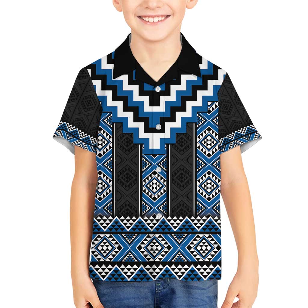 Blue Taniko Aotearoa Family Matching Summer Maxi Dress and Hawaiian Shirt Niho Taniwha Mix Poutama LT14 Son's Shirt Blue - Polynesian Pride