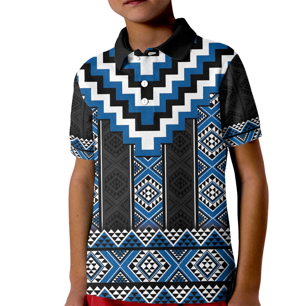 Blue Taniko Aotearoa Kid Polo Shirt Niho Taniwha Mix Poutama LT14 Kid Blue - Polynesian Pride