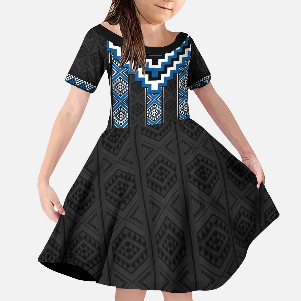 Blue Taniko Aotearoa Kid Short Sleeve Dress Niho Taniwha Mix Poutama LT14 KID Blue - Polynesian Pride