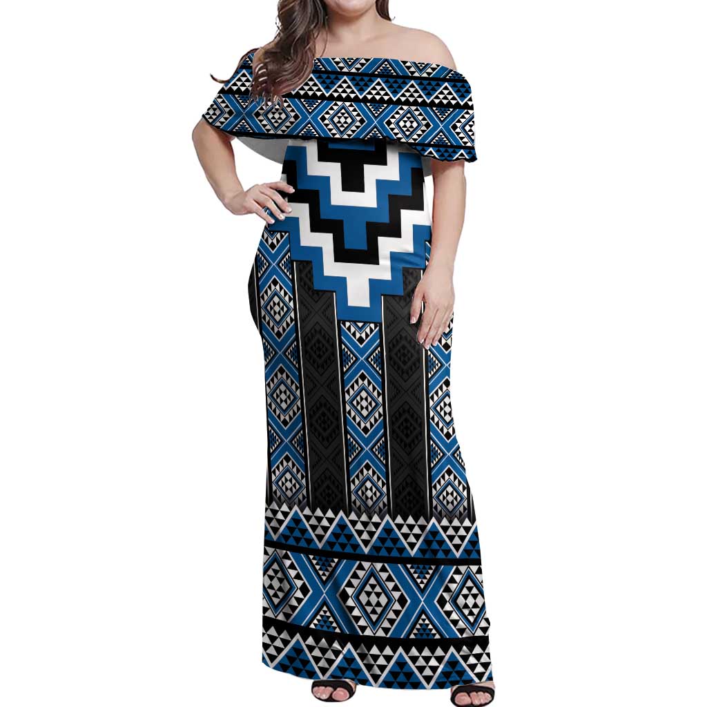 Blue Taniko Aotearoa Off Shoulder Maxi Dress Niho Taniwha Mix Poutama LT14 Women Blue - Polynesian Pride
