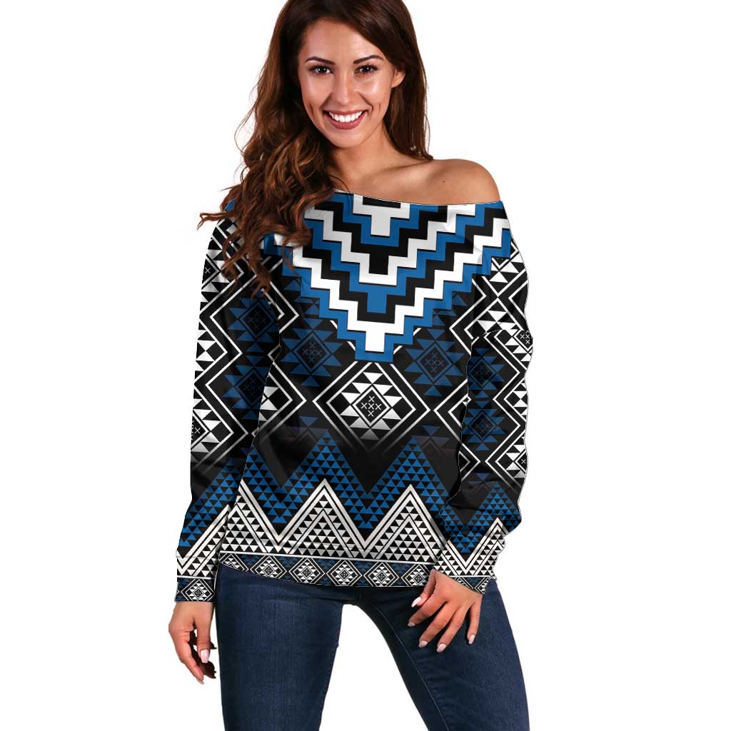 Blue Taniko Aotearoa Off Shoulder Sweater Niho Taniwha Mix Poutama