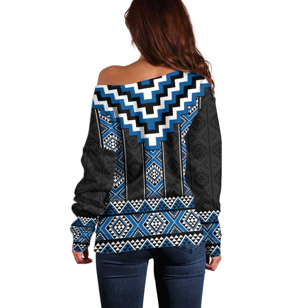 Blue Taniko Aotearoa Off Shoulder Sweater Niho Taniwha Mix Poutama LT14