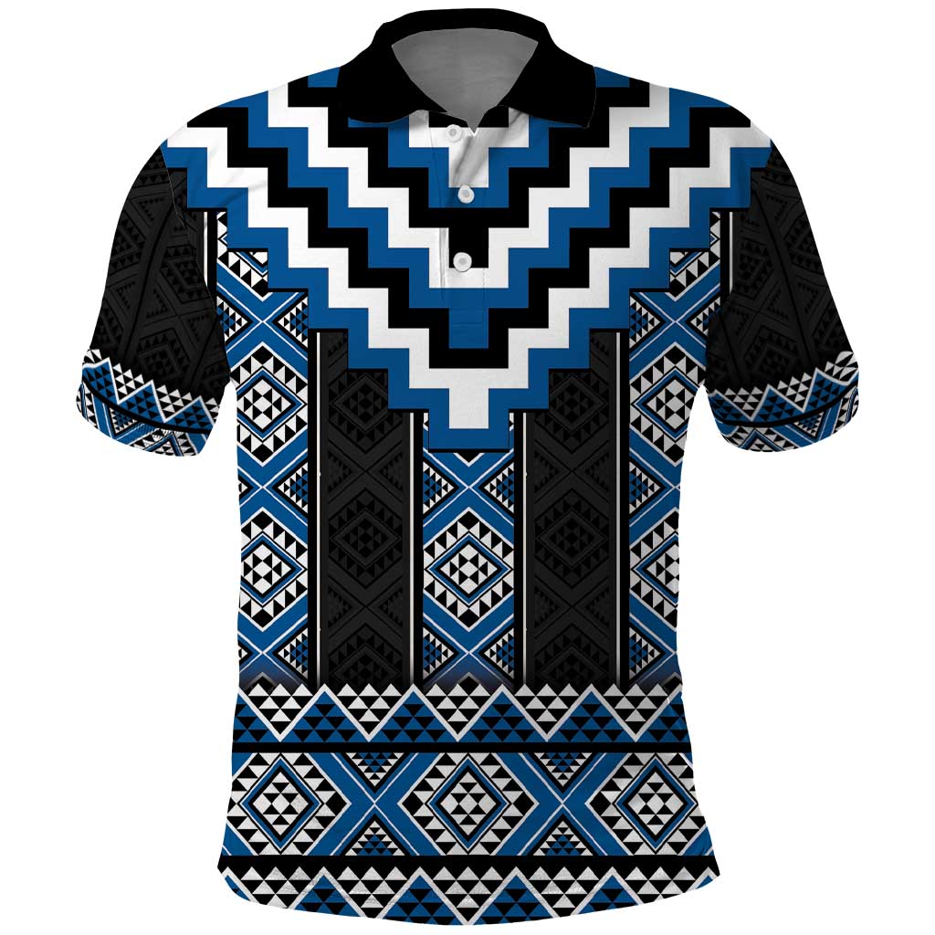Blue Taniko Aotearoa Polo Shirt Niho Taniwha Mix Poutama LT14