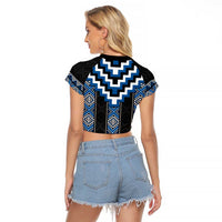 Blue Taniko Aotearoa Raglan Cropped T Shirt Niho Taniwha Mix Poutama LT14 - Polynesian Pride
