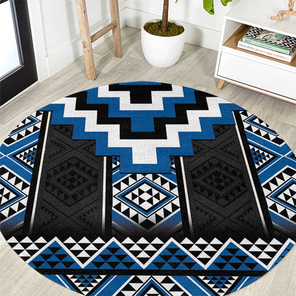 Blue Taniko Aotearoa Round Carpet Niho Taniwha Mix Poutama LT14 Blue - Polynesian Pride