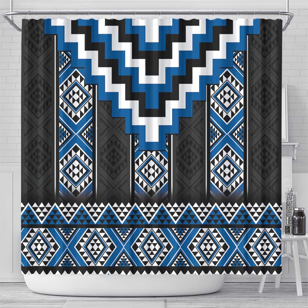 Blue Taniko Aotearoa Shower Curtain Niho Taniwha Mix Poutama LT14 - Polynesian Pride