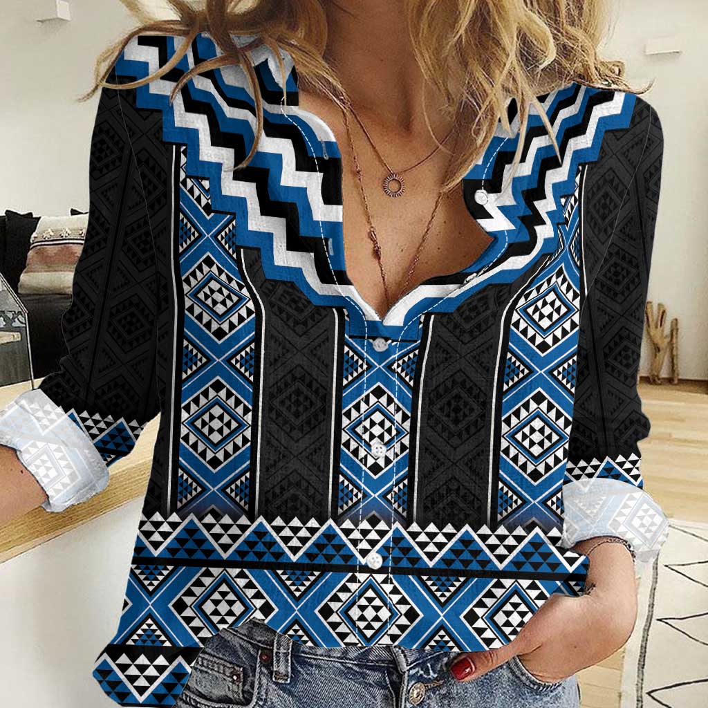 Blue Taniko Aotearoa Women Casual Shirt Niho Taniwha Mix Poutama LT14 Female Blue - Polynesian Pride