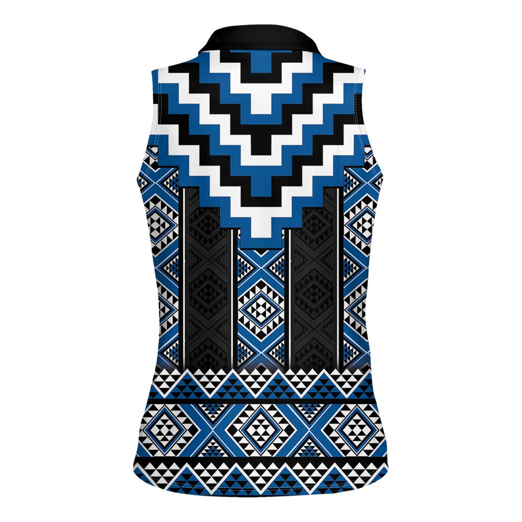 Blue Taniko Aotearoa Women Sleeveless Polo Shirt Niho Taniwha Mix Poutama LT14